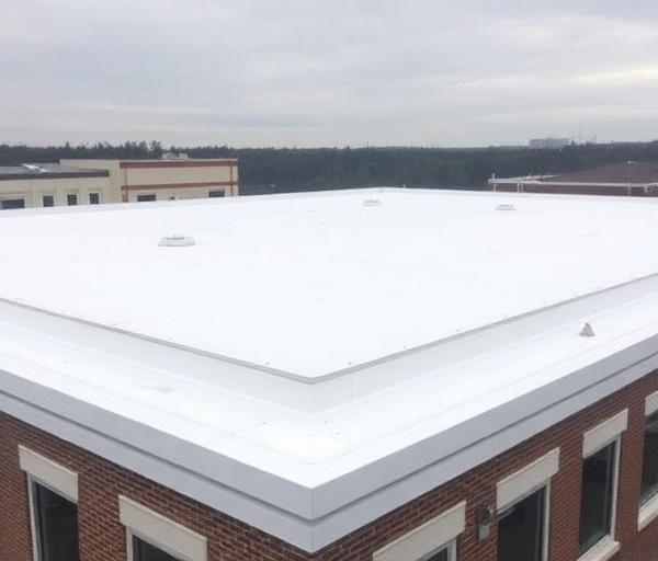 Newly installed TPO membrane on a commercial flat roof
